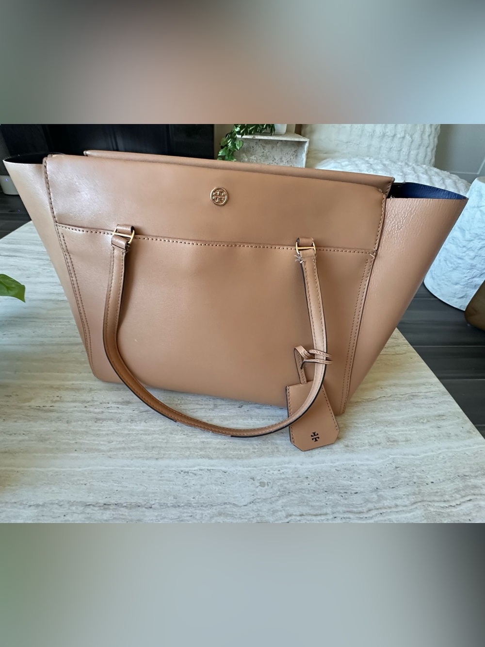 Tory Burch Neutral Tan Leather Tote with Gold Logo